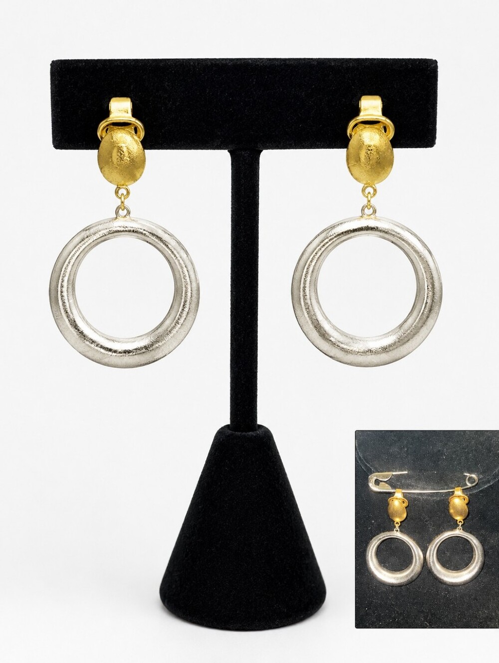 Vintage Trifari Two-Tone Clip-On Hoop Drop Earrings 2" Textured Silver Gold Tone